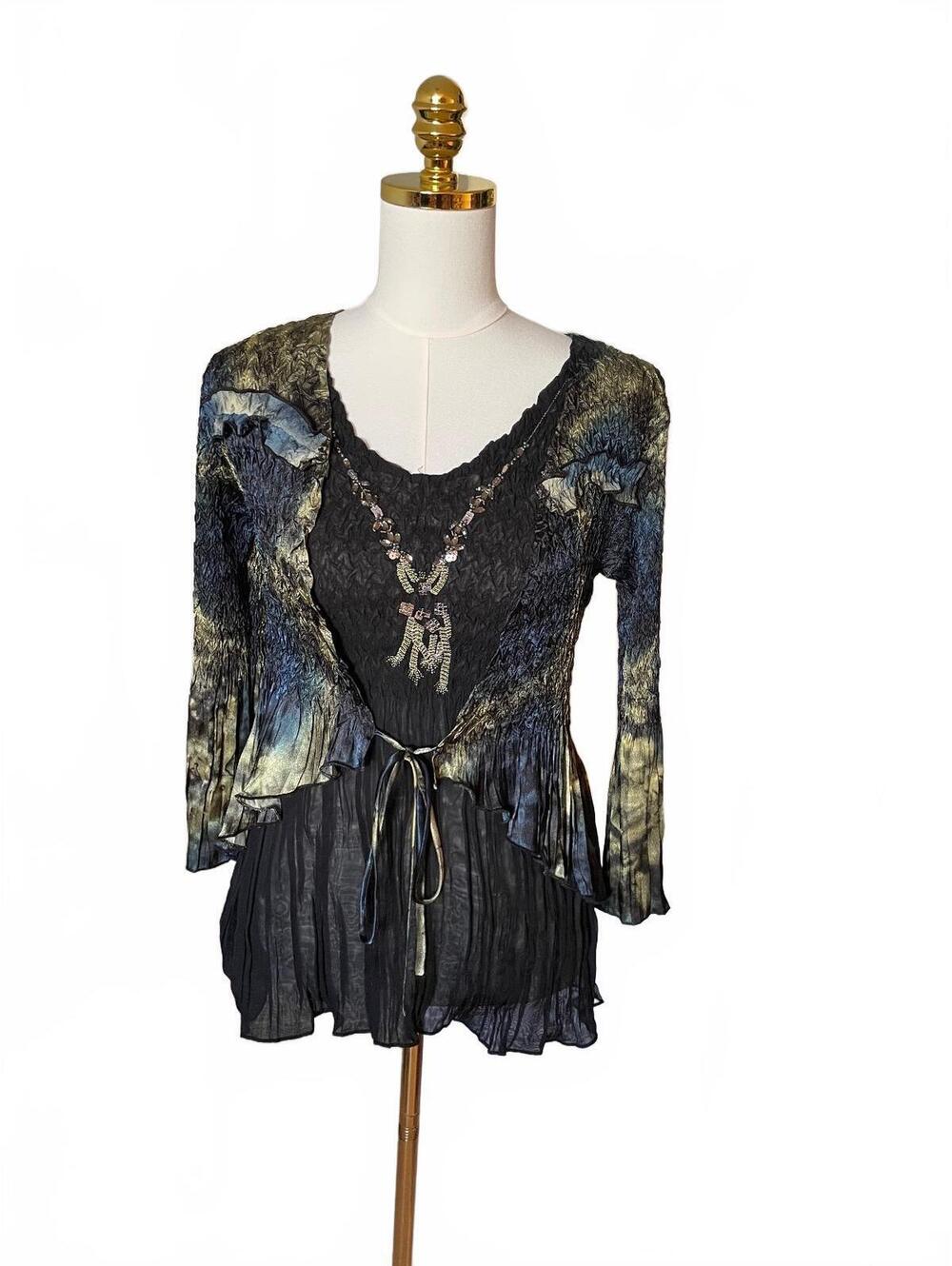 Alberto Makali black blue and gold crinkle blouse with tie waist necklace